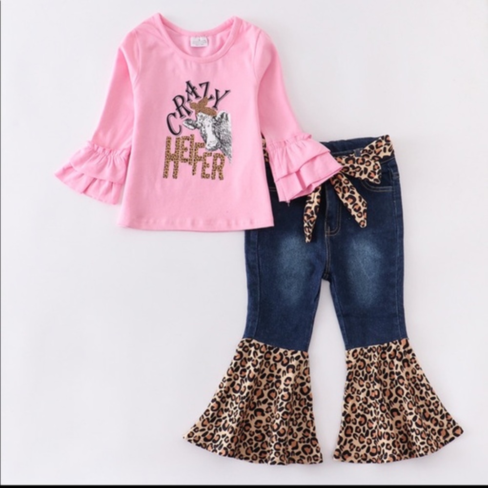 Crazy Heifer Leopard Print Bell bottom 3 Piece Set NWT, Baby Girl, Toddl…